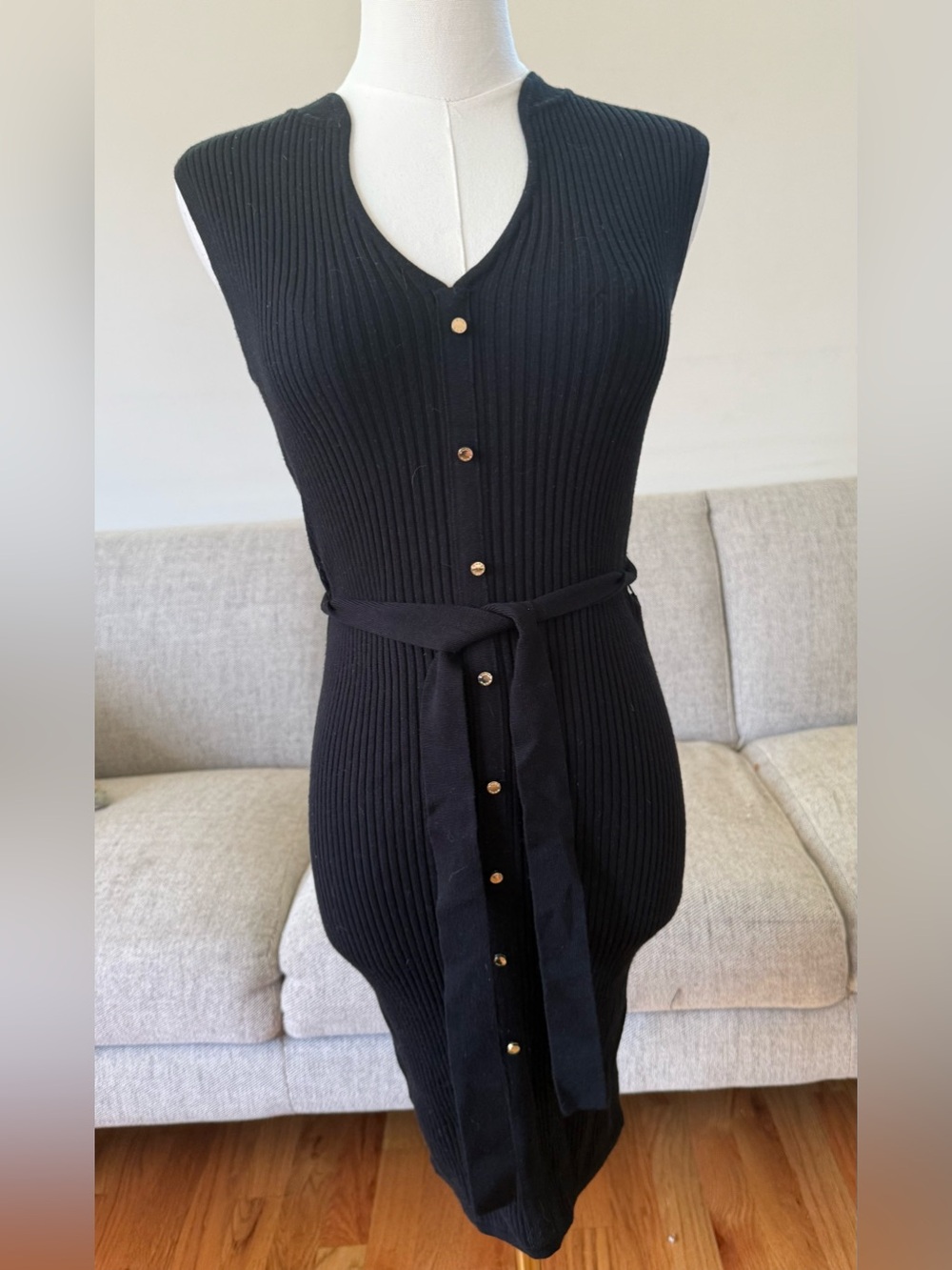 bebe Black Sleeveless Ribbed Button-Front Midi Dress with Tie Belt
